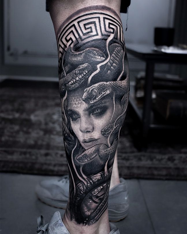 steve upton everblack tattoo studio sheffield blackwork realism medusa woman portrait