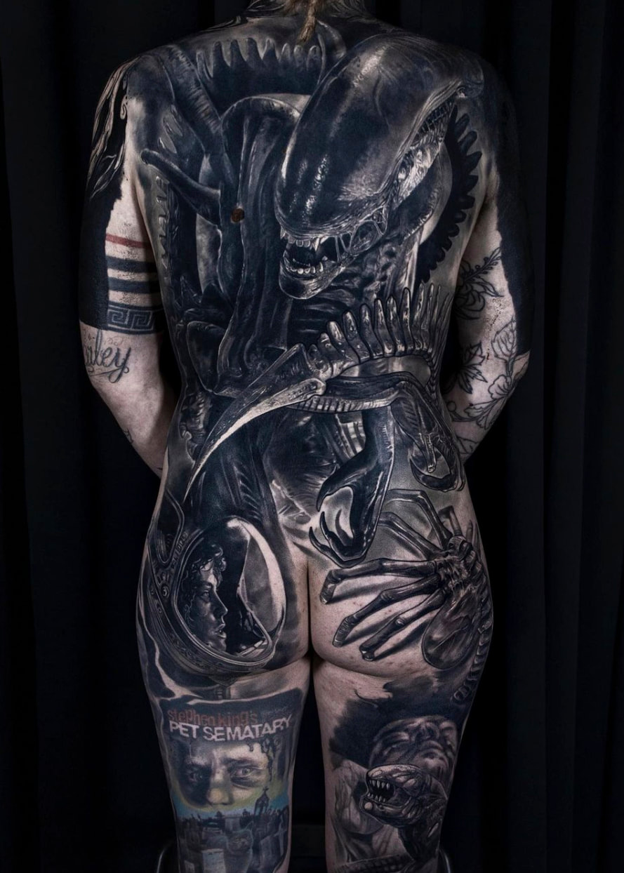 joshua beatson everblack tattoo studio sheffield b&w dark gothic portrait realism