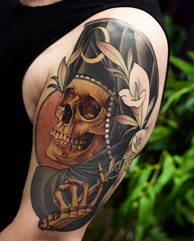 joshua beatson everblack tattoo studio sheffield b&w dark gothic portrait realism horror woman