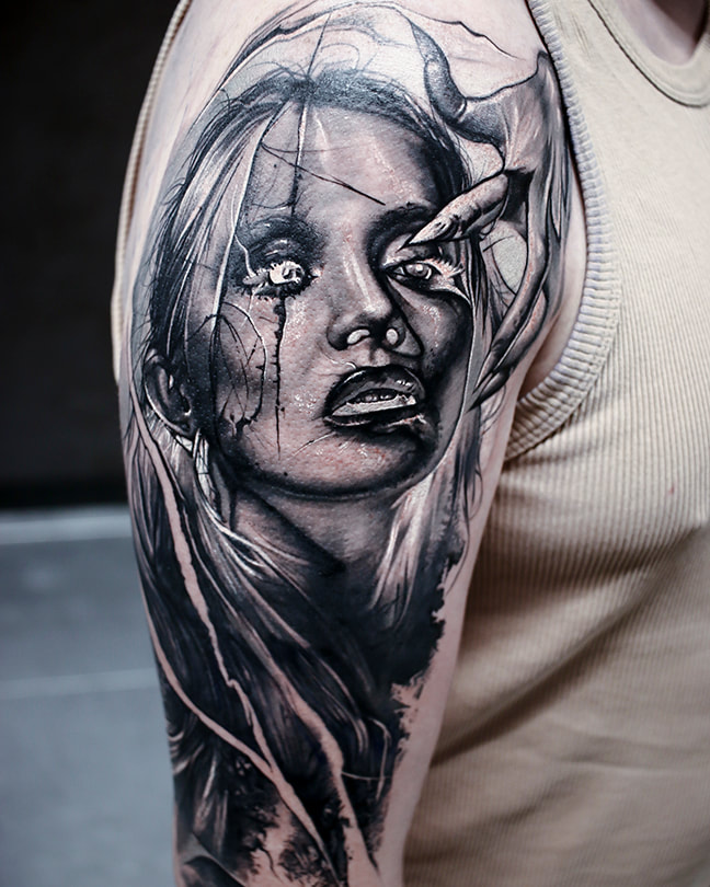 joshua beatson everblack tattoo studio sheffield b&w dark gothic portrait woman horror realism