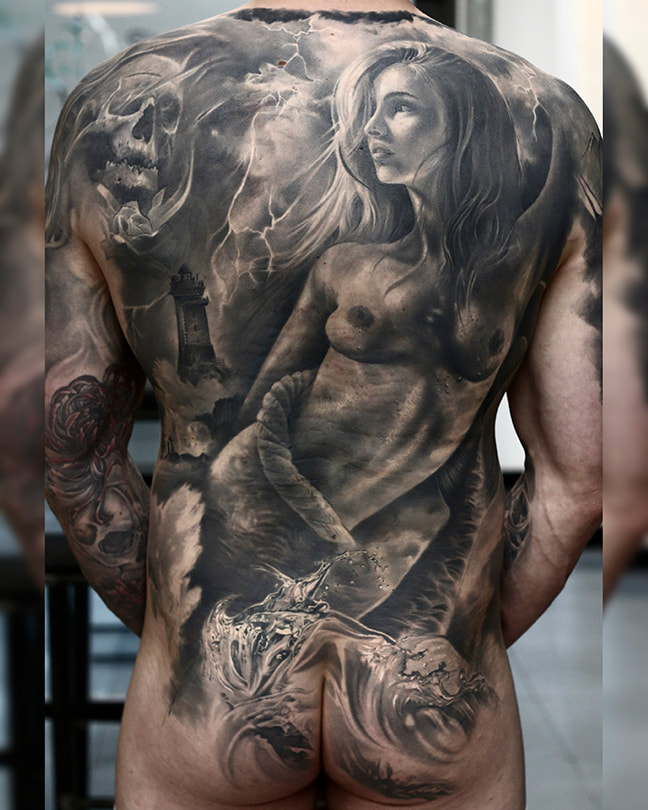 joshua beatson everblack tattoo studio sheffield b&w dark gothic portrait backpiece realism mermaid underwater