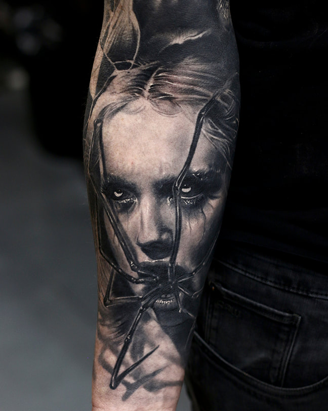 joshua beatson everblack tattoo studio sheffield b&w dark gothic portrait woman spider realism