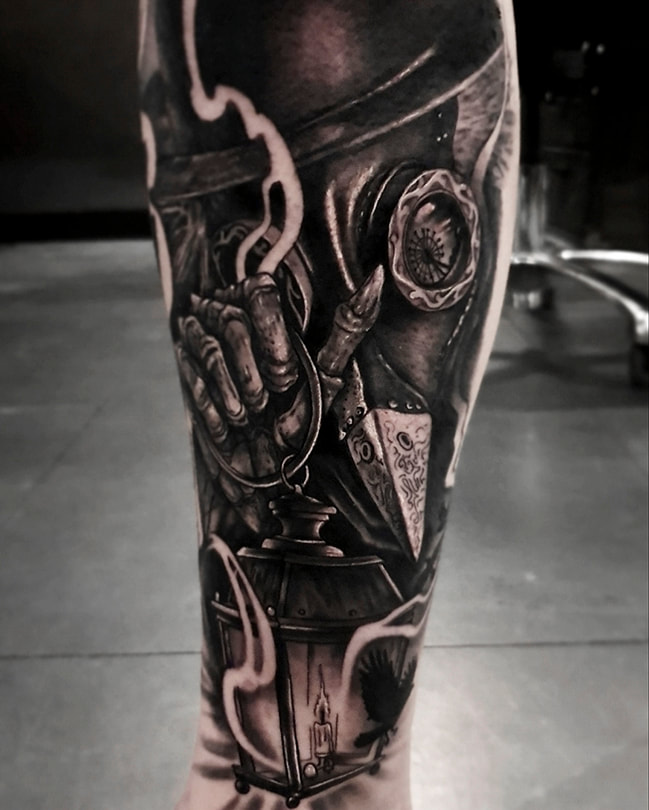 steve upton everblack tattoo studio sheffield plague doctor realism gothic blackwork