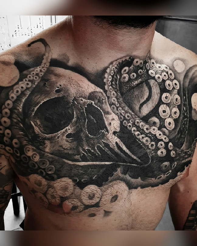 steve upton everblack tattoo studio sheffield blackwork realism skull underwater octopus squid nature gothic dark